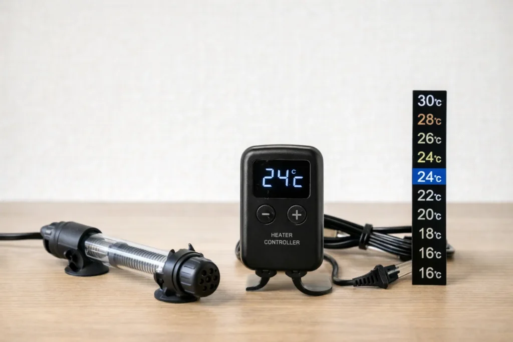 冬の飼育に必要な道具(サーモスタット、水温計、ヒーター)