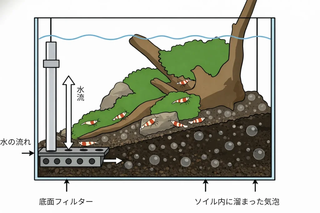 底面フィルターを使用したときの水の流れ
